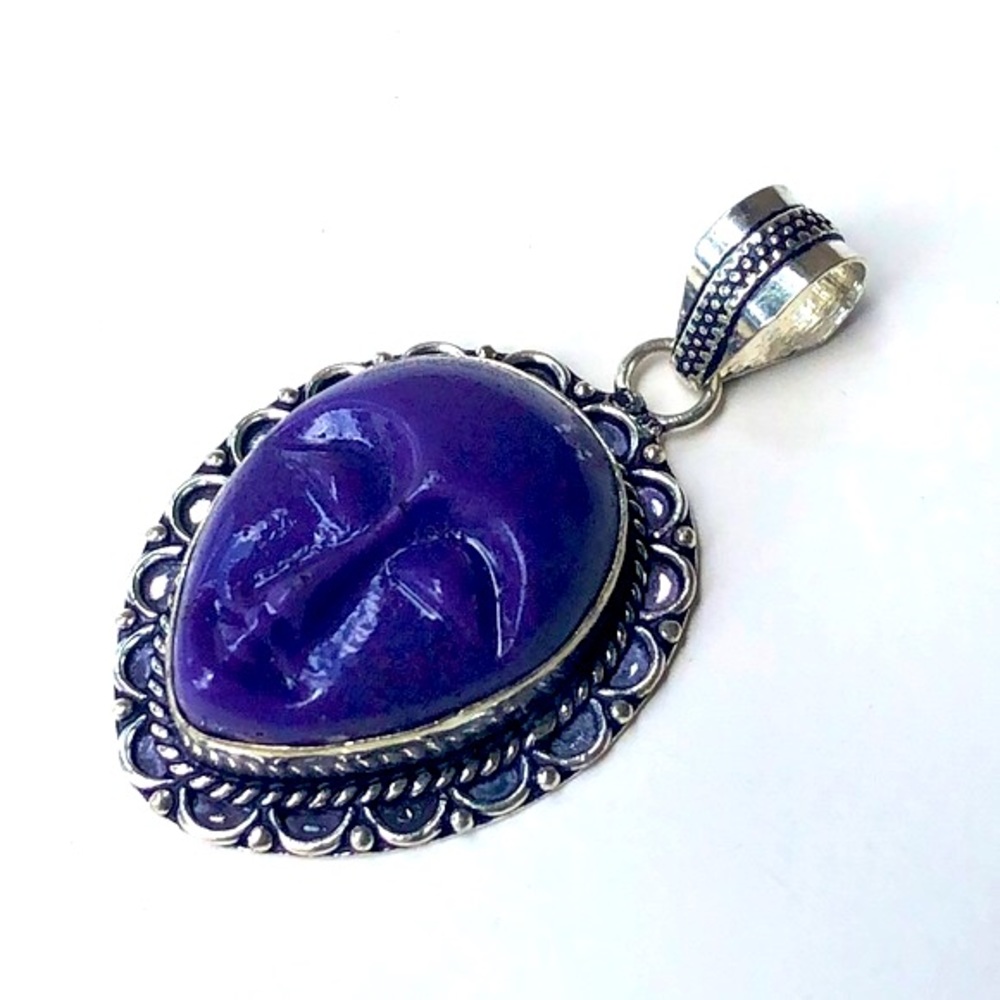 Handmade Carved Purple Resin Face Sterling Silver 925 Pendant